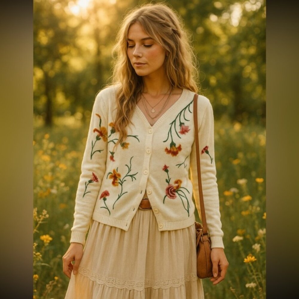 Handmade one of a kind embroidery floral cardigan